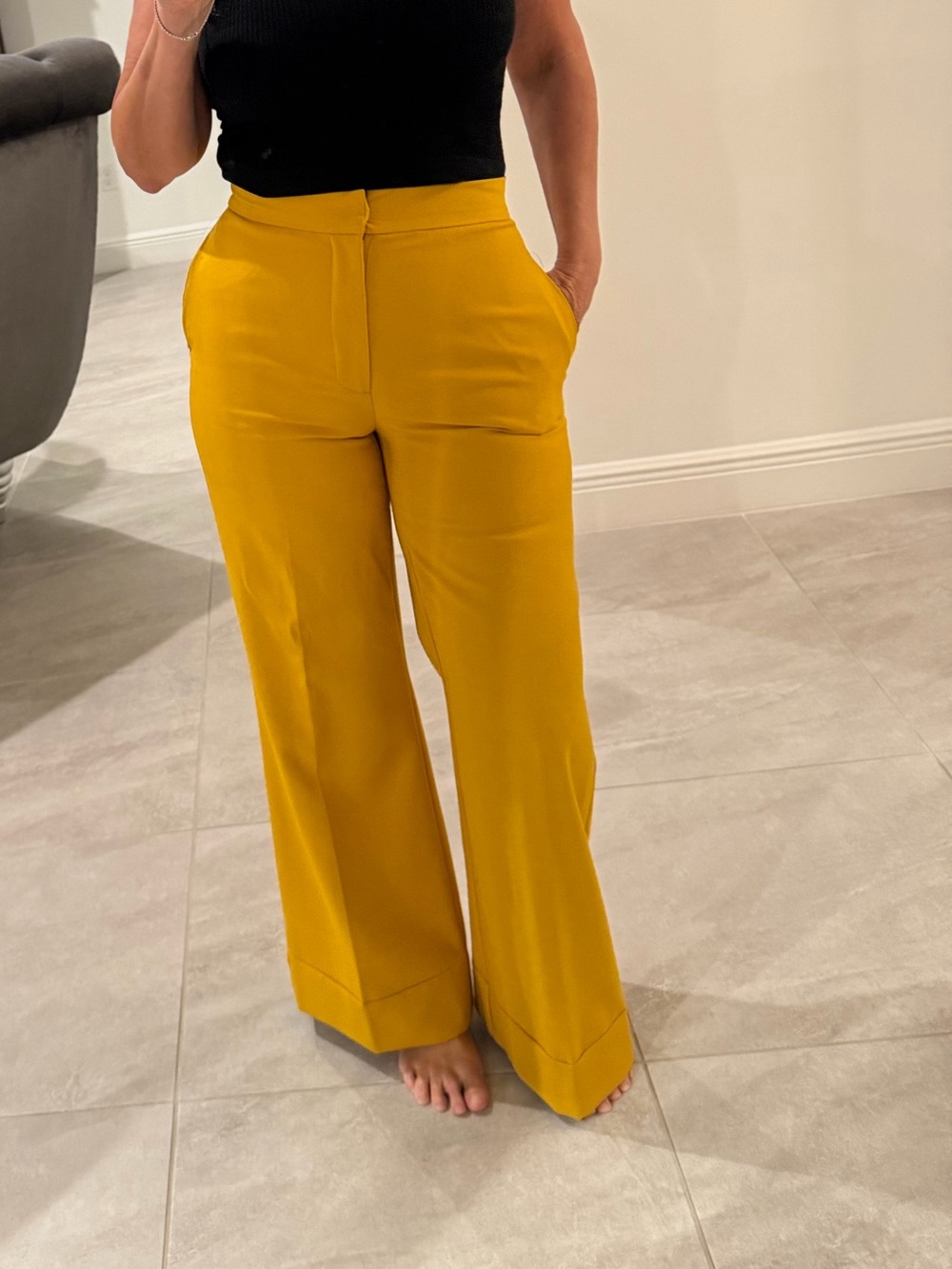 Zara Wide-Leg High-Rise Pants in Mustard Yellow